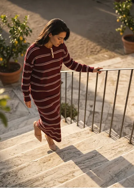 Burgundy Stripe Knit Polo and Skirt Set