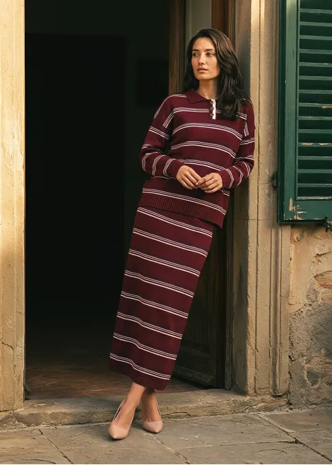 Burgundy Stripe Knit Polo and Skirt Set