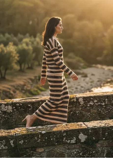 Space-Dyed Stripe Polo Knit Skirt Set in Beige