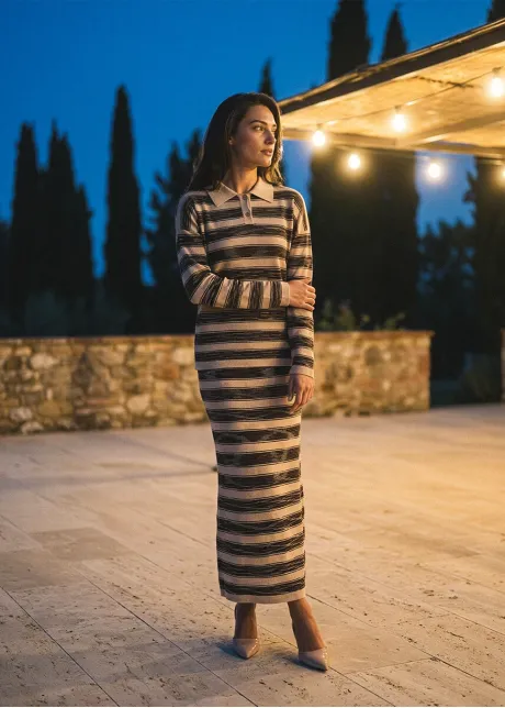Space-Dyed Stripe Polo Knit Skirt Set in Beige