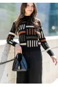 Black Geometric Knit Mock Neck Sweater