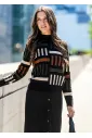 Black Geometric Knit Mock Neck Sweater