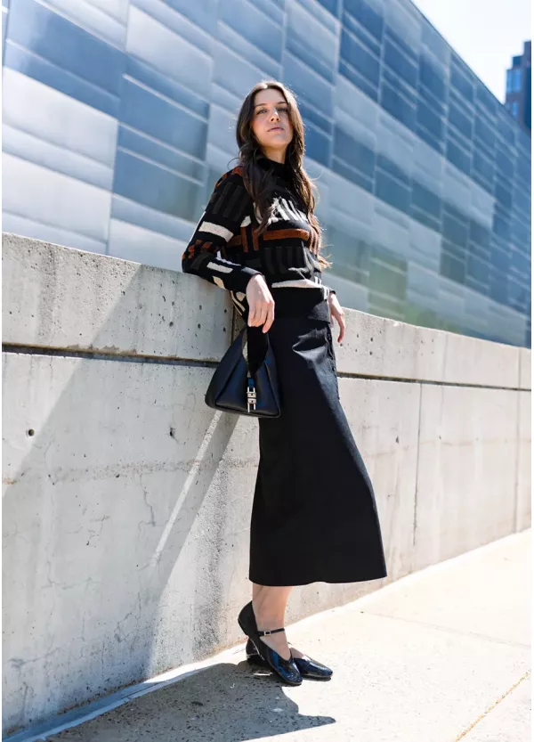 Structured Knit & Black Skirt Outfit