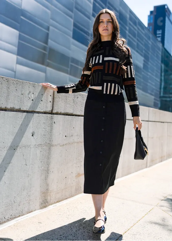 Black Corduroy Button-Front Midi Skirt