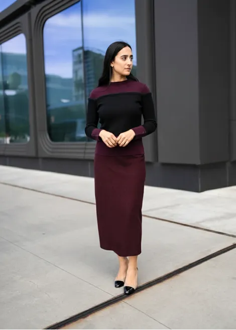 Burgundy Colorblock Knit & Skirt Outfit