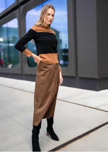 Sleek Colorblock Knit with Corduroy Skirt Outfit