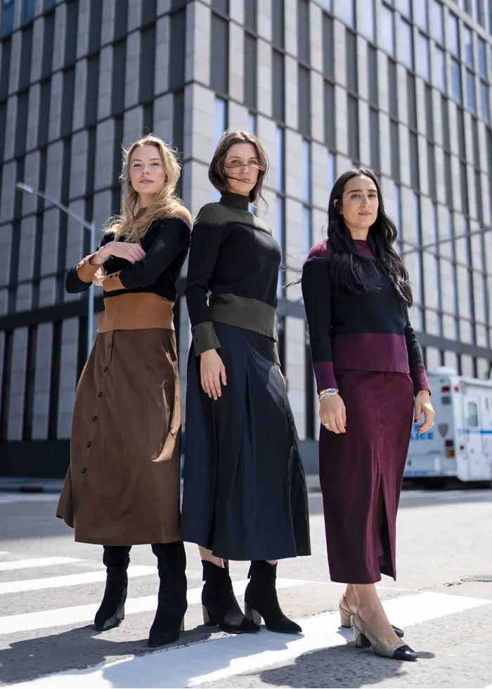 Sleek Colorblock Knit with Corduroy Skirt Outfit