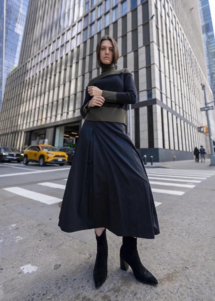 Paneled Flare Midi Skirt in Black