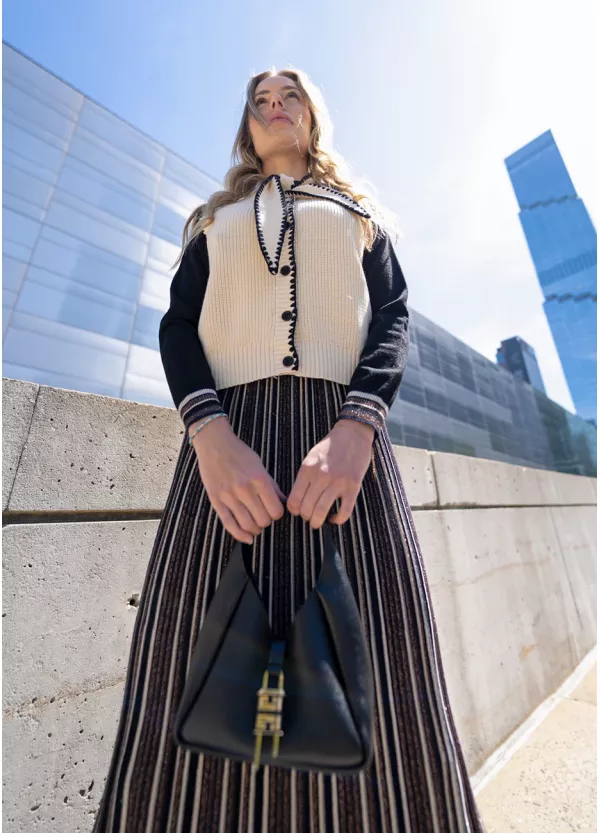 Striped Knit Skirt & Black Top Set + Vest