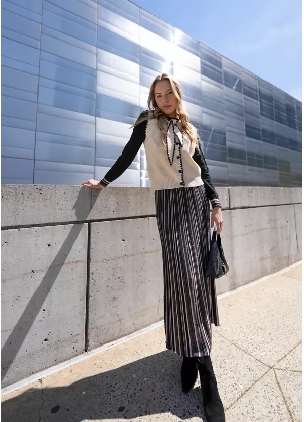 Striped Knit Skirt & Black Top Set + Vest