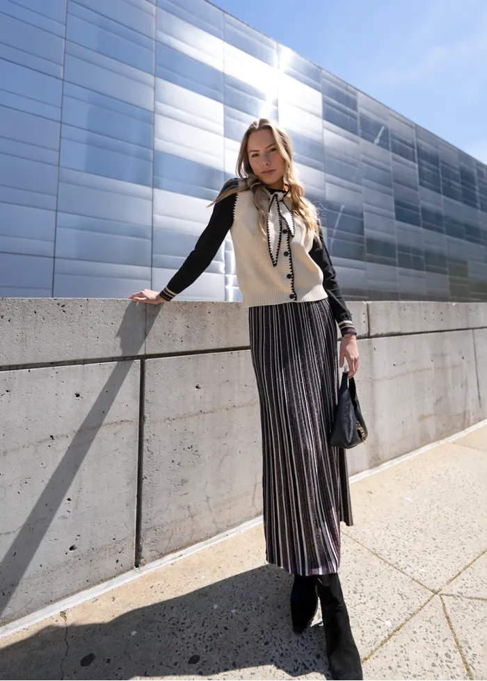 Striped Knit Skirt & Black Top Set + Vest