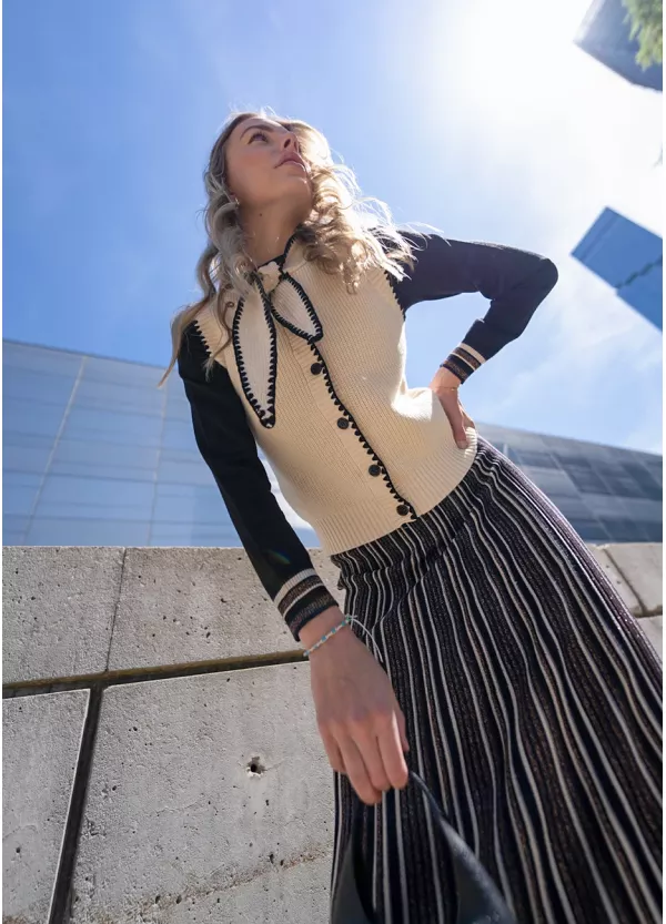 Striped Knit Skirt & Black Top Set + Vest