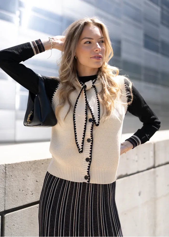 Striped Knit Skirt & Black Top Set + Vest