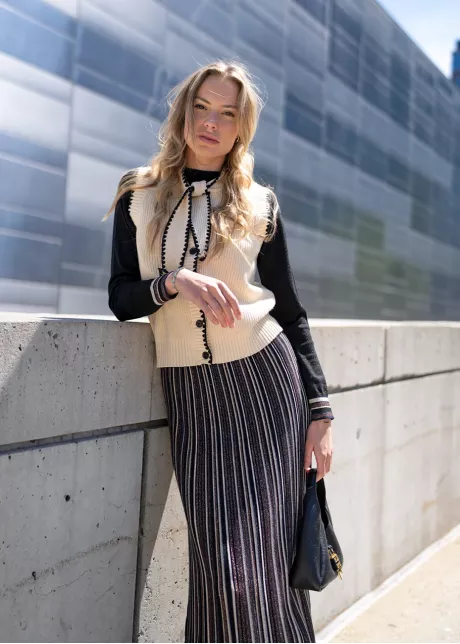 Striped Knit Skirt & Black Top Set + Vest