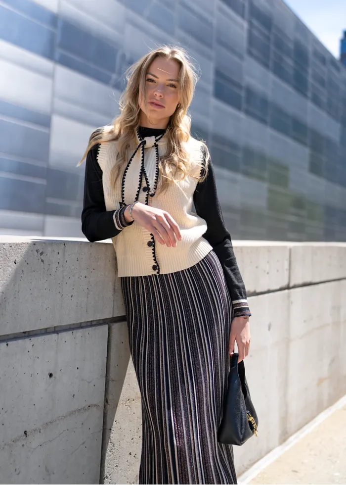 Striped Knit Skirt & Black Top Set + Vest