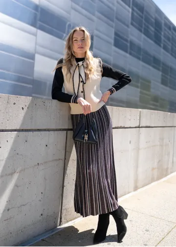 Striped Knit Skirt & Black Top Set + Vest