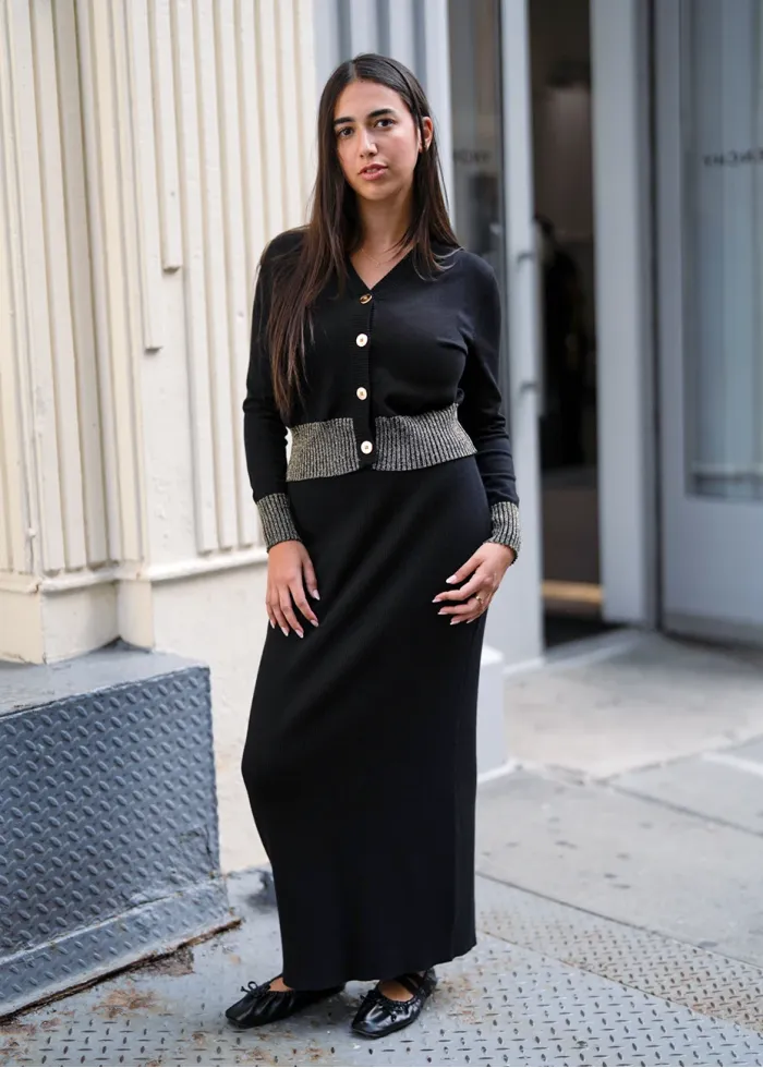 Gold-Trimmed Button-Up Cardigan in Black
