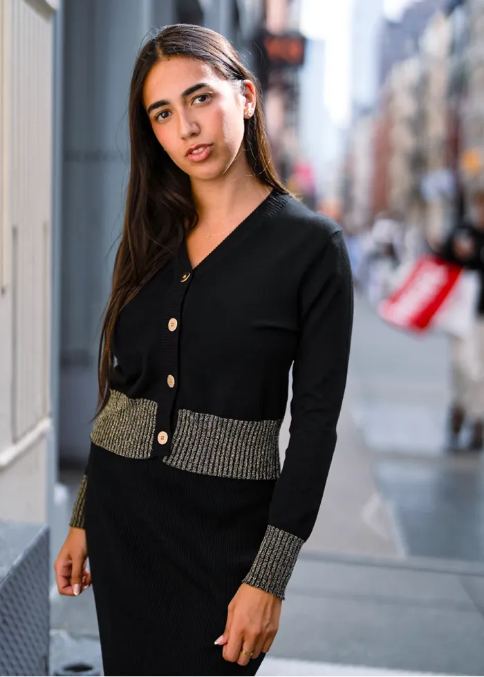 Gold-Trimmed Button-Up Cardigan in Black