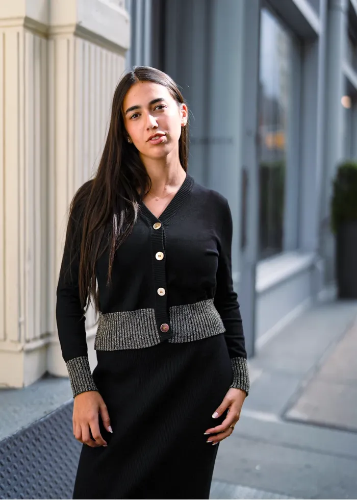 Gold-Trimmed Button-Up Cardigan in Black