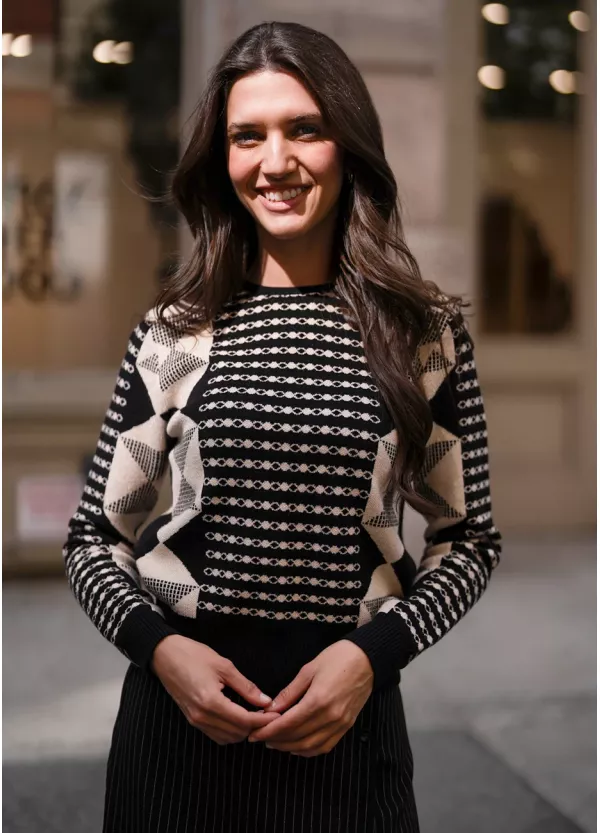 Geometric Sweater & Pinstripe Skirt Look