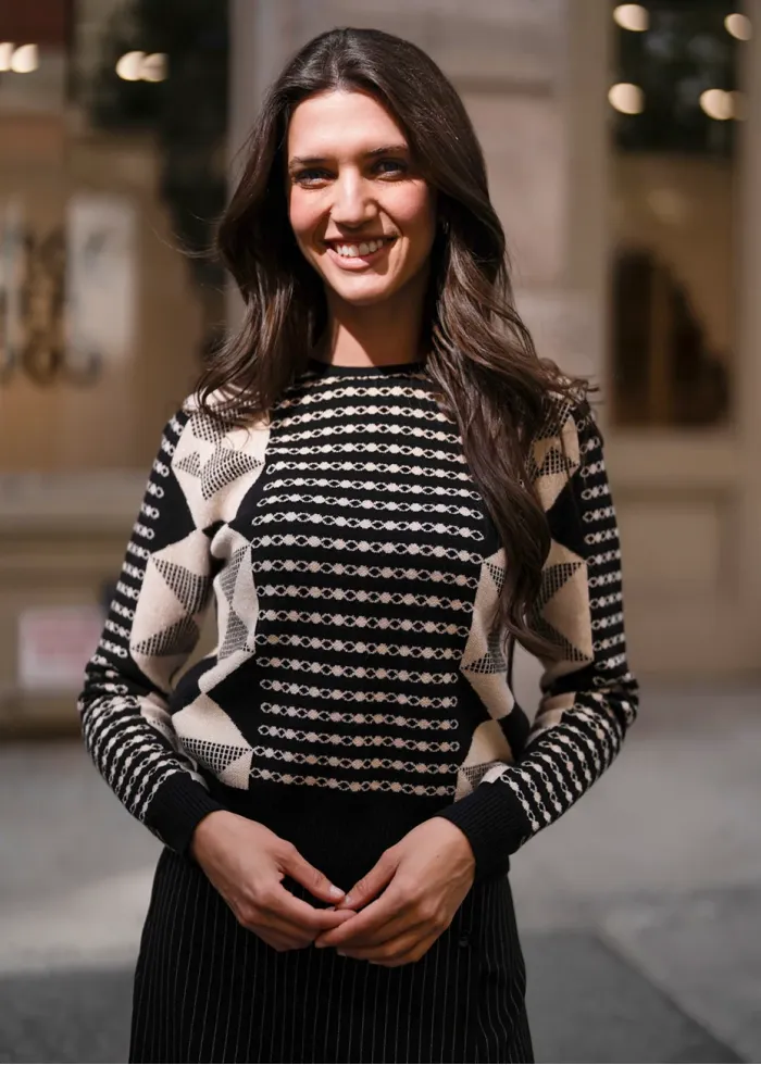 Geometric Sweater & Pinstripe Skirt Outfit