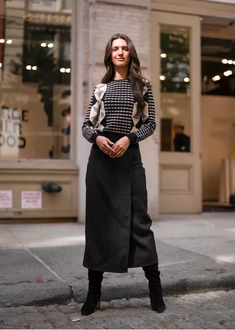 Geometric Sweater & Pinstripe Skirt Look