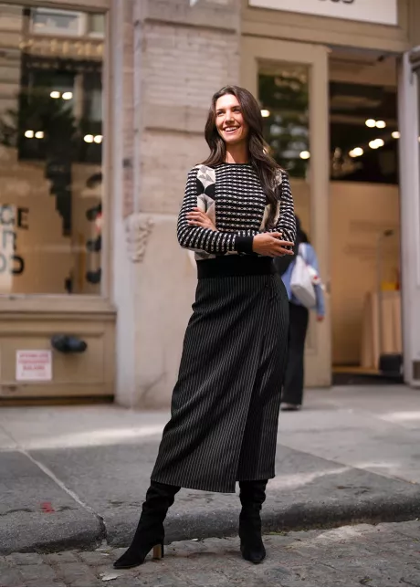Geometric Sweater & Pinstripe Skirt Look