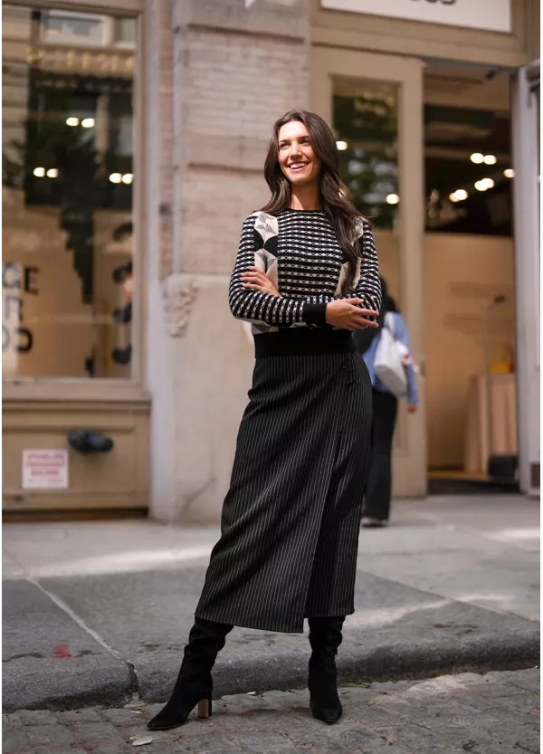 Geometric Sweater & Pinstripe Skirt Look