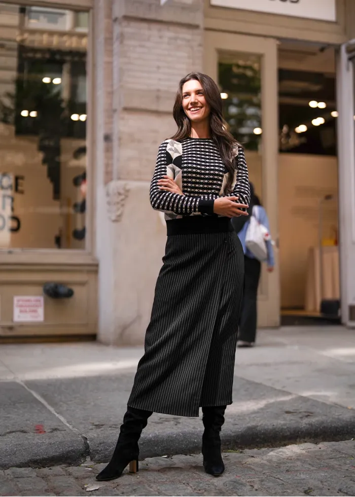 Black Pinstripe Midi Skirt