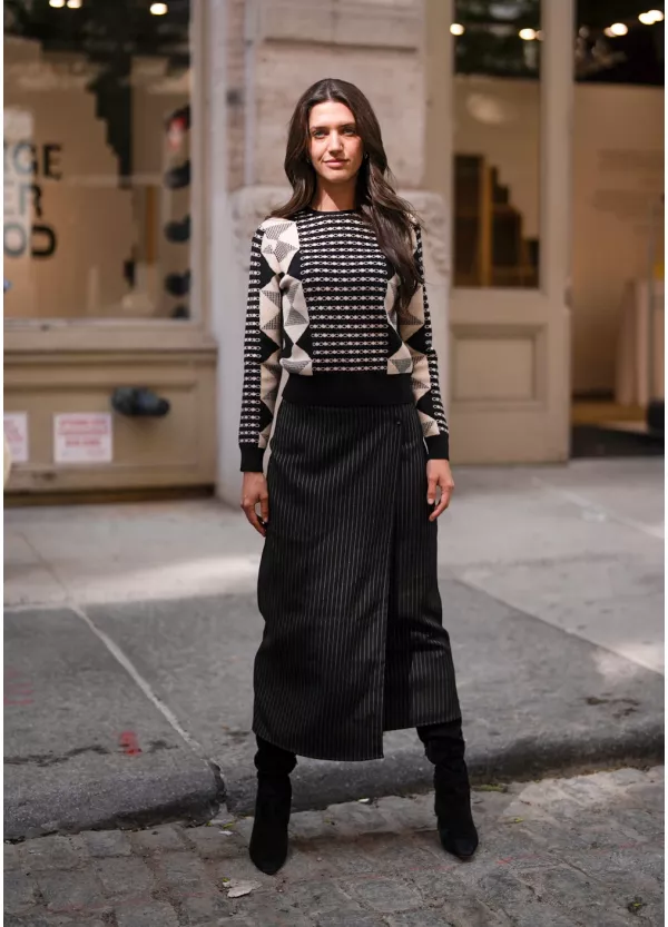 Geometric Sweater & Pinstripe Skirt Look