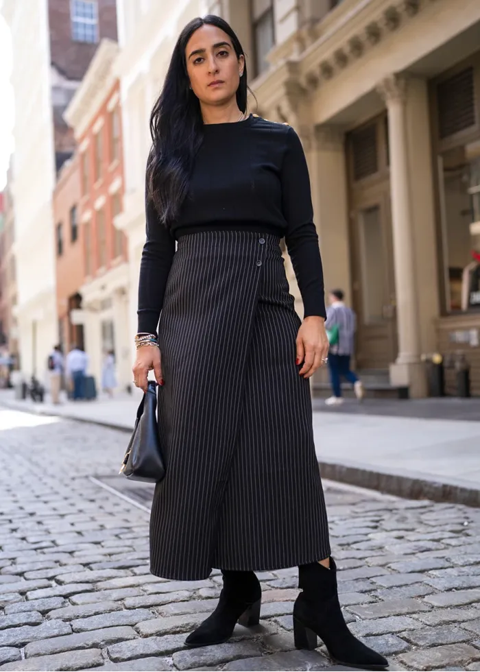 Black Pinstripe & Button Detail Outfit