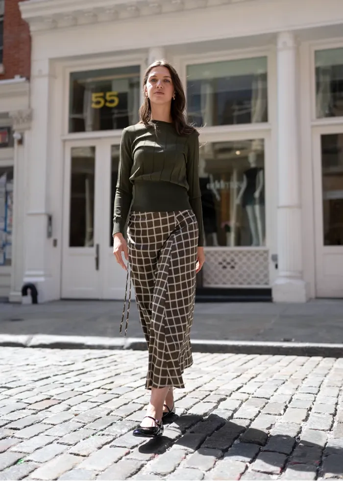 Olive Checkered Midi Skirt with Front Tie