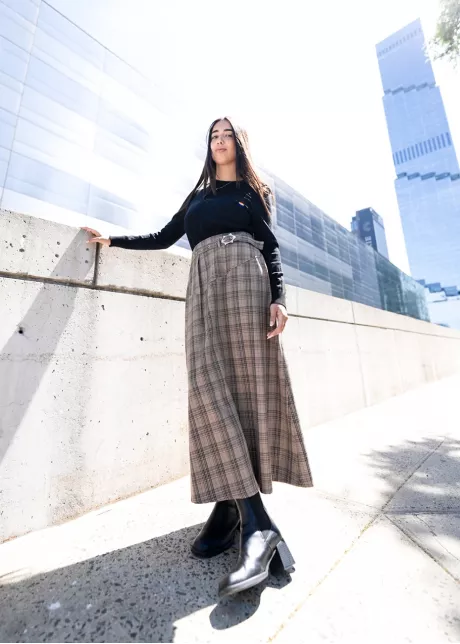 Belted Plaid Skirt & Sleek Knit Top Outfit