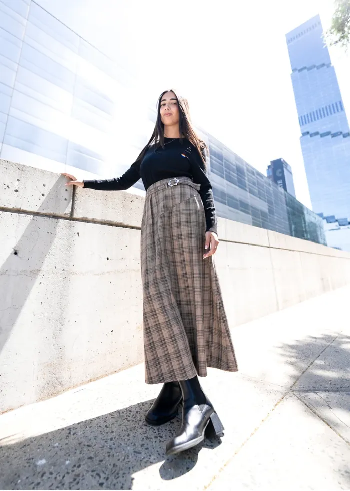 Beige Plaid Midi Skirt with Belt Detail