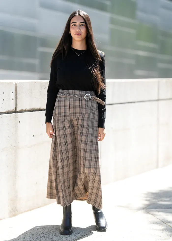 Beige Plaid Midi Skirt with Belt Detail