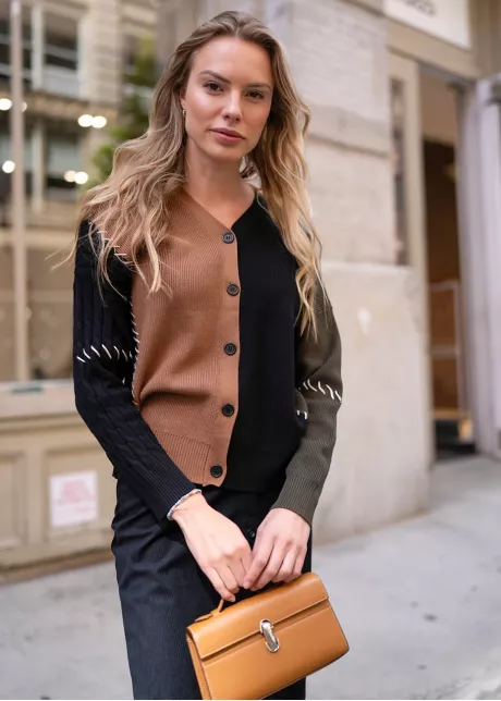 Colorblock Cardigan & Black Skirt Outfit