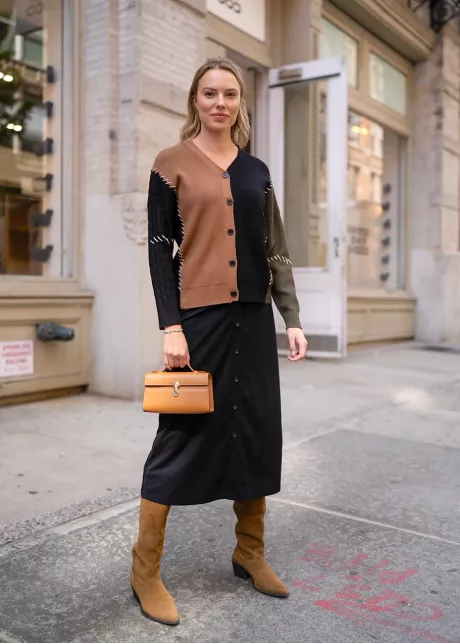 Colorblock Cardigan & Black Skirt Outfit