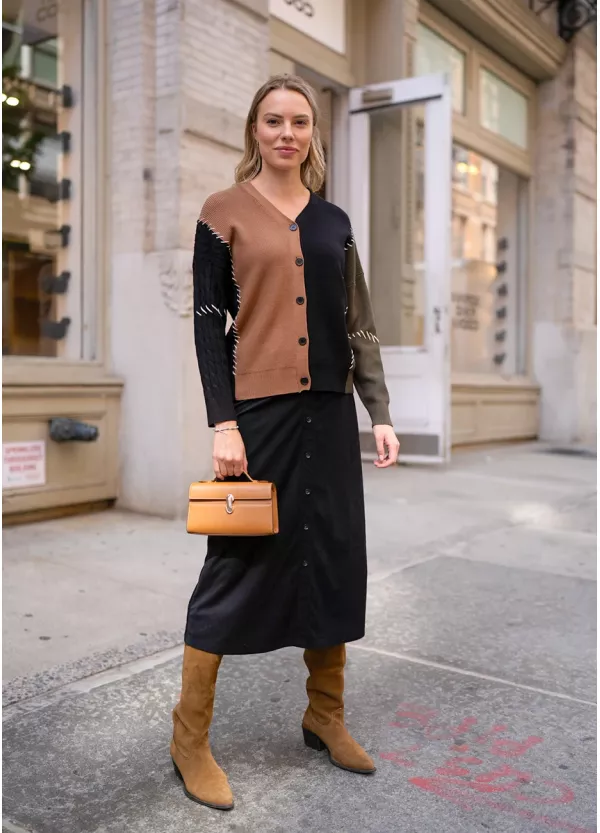 Colorblock Cardigan & Black Skirt Outfit