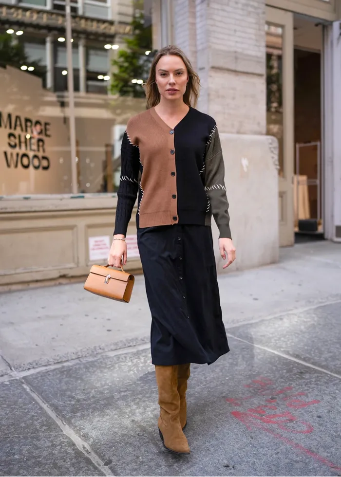 Colorblock Cardigan & Black Skirt Outfit