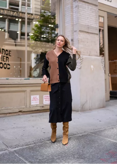 Colorblock Cardigan & Black Skirt Outfit
