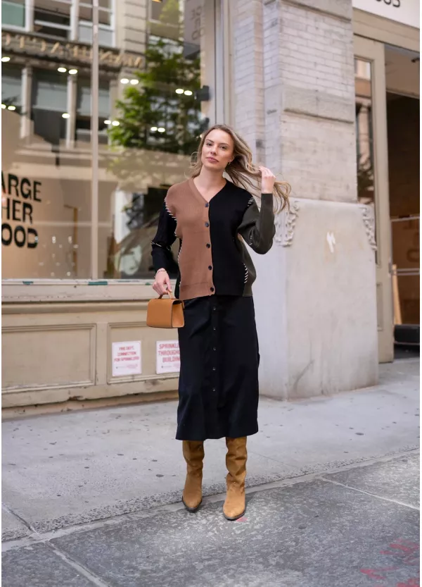 Colorblock Cardigan & Black Skirt Outfit
