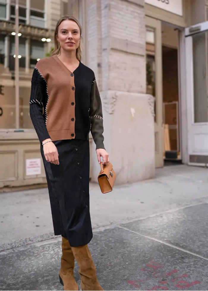 Colorblock Cardigan & Black Skirt Outfit