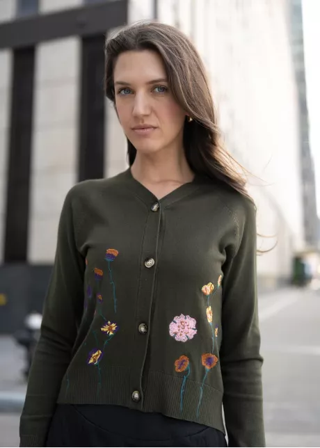 Floral Olive Cardigan and Black Skirt Outfit