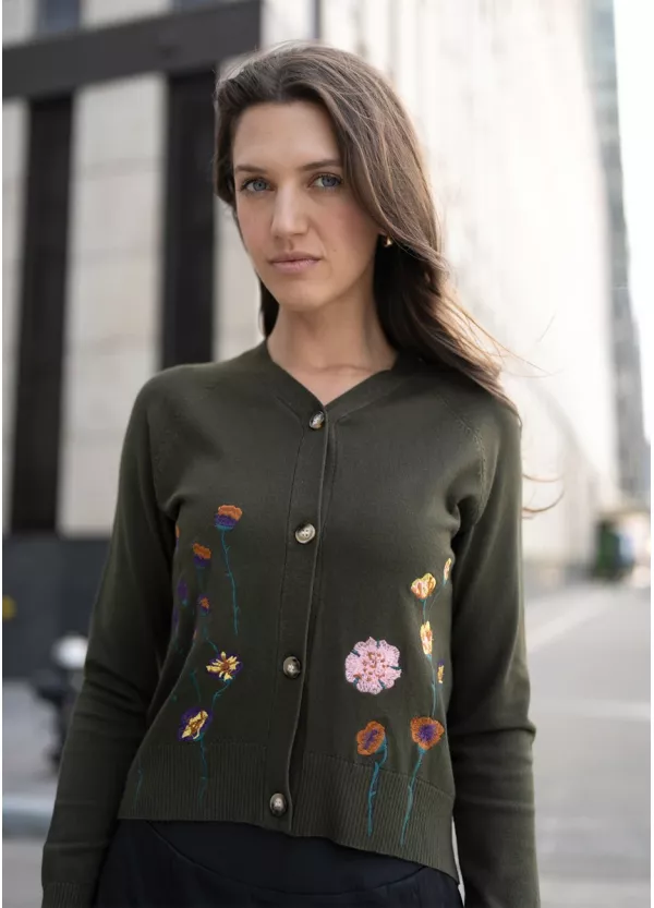 Floral Olive Cardigan and Black Skirt Outfit