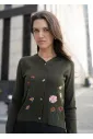 Olive Knit Cardigan with Floral Embroidery