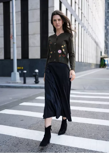 Floral Olive Cardigan and Black Skirt Outfit