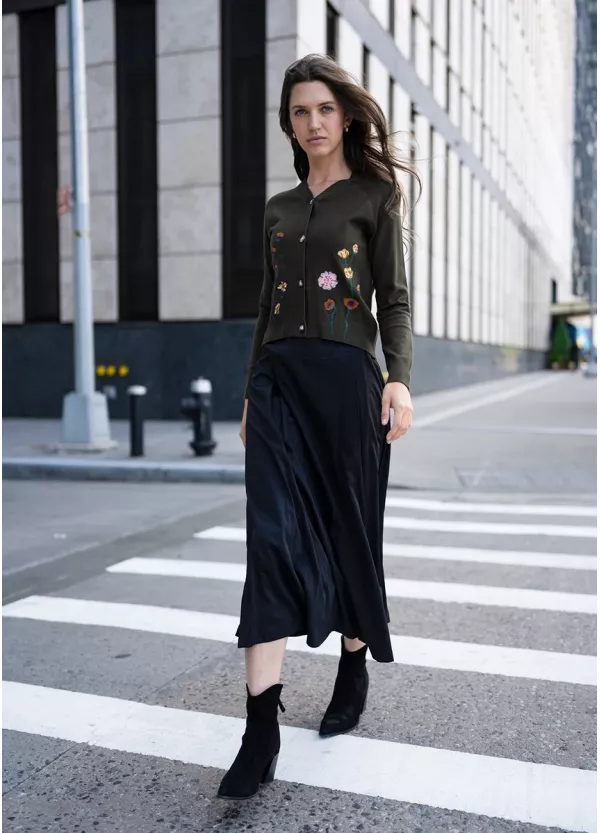 Floral Olive Cardigan and Black Skirt Outfit