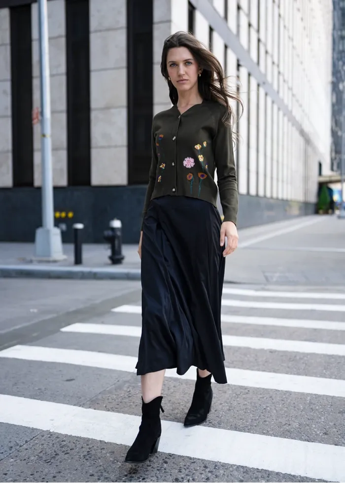 Paneled Flare Midi Skirt in Black