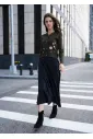 Floral Olive Cardigan and Black Skirt Outfit