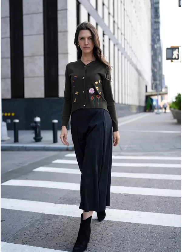 Floral Olive Cardigan and Black Skirt Outfit